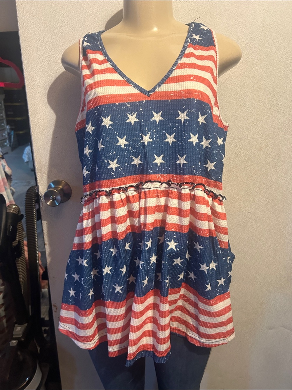 Sleeveless Stars & Stripes V-Neck Tunic Top - Red, White & Blue